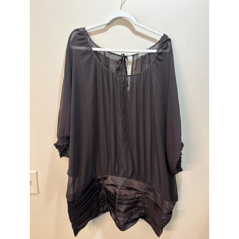 Kaelyn Max II‎ Brown Sheer Pleated Satin Trim Tunic Blouse Plus Size 3X Tie Back